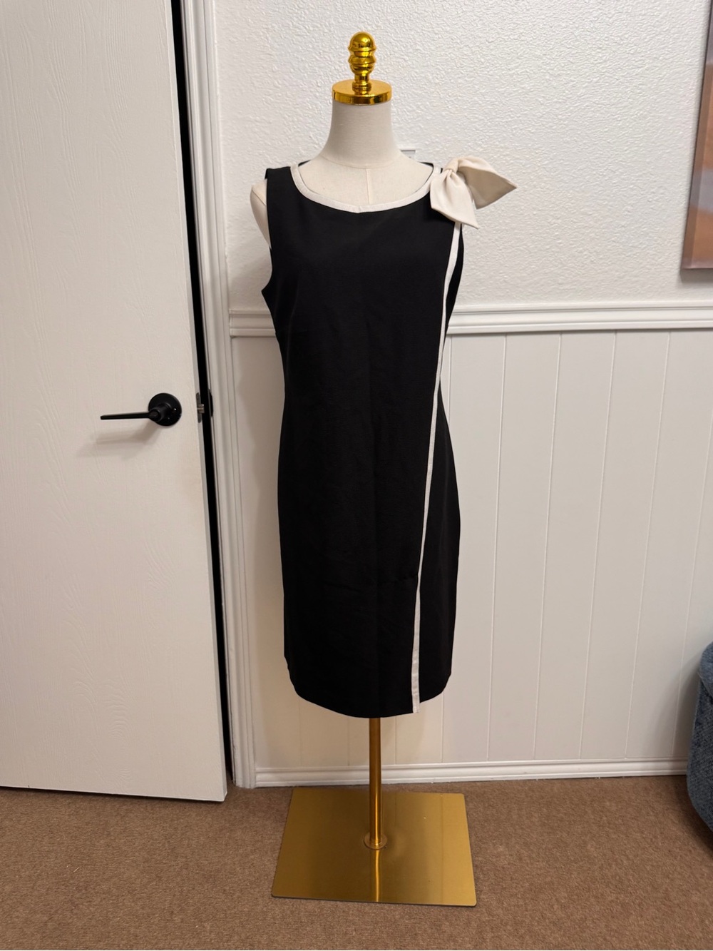 Karl Lagerfeld Black Sheath Dress with Cream Bow and Trim